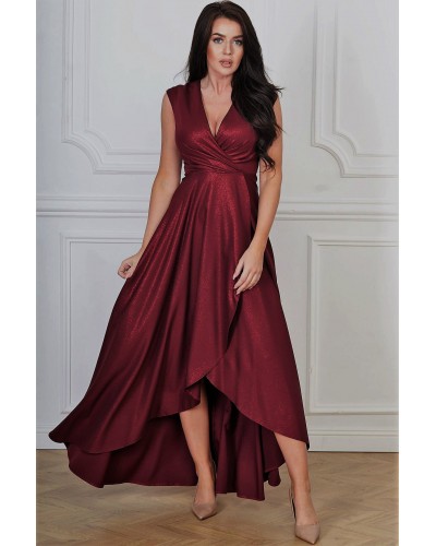 Rochie lunga din brocard burgundy asimetrica Gracia - dyandra.ro