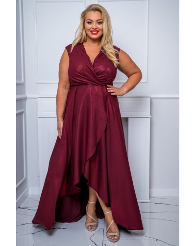 Rochie lunga din brocard burgundy asimetrica Gracia - dyandra.ro