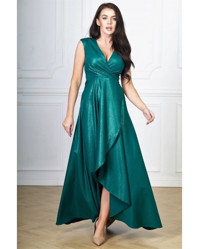 Rochie lunga verde din brocard asimetrica Gracia - dyandra.ro
