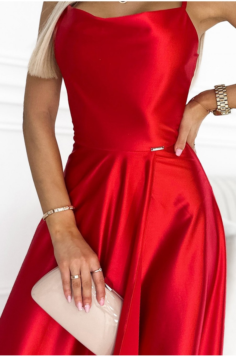 Rochie eleganta lunga din satin rosie cu spatele gol si umerii goi Pearl 4 - dyandra.ro