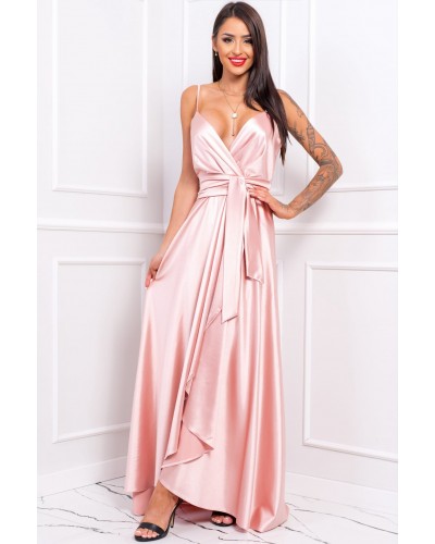 Rochie lunga din satin roz pudra petrecuta LiviaB - dyandra.ro