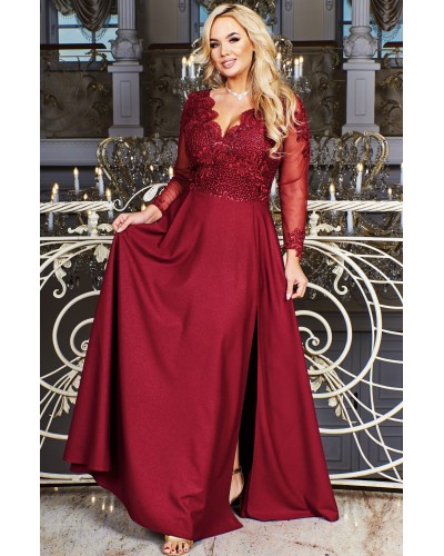 Rochie lunga eleganta din dantela si brocard burgundy cu maneca lunga Carmen - dyandra.ro