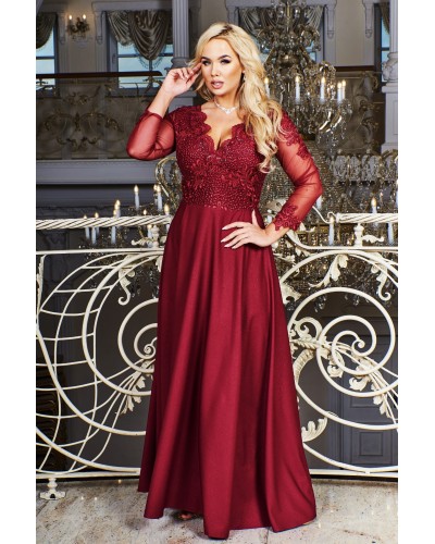 Rochie lunga eleganta din dantela si brocard burgundy cu maneca lunga Carmen - dyandra.ro