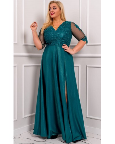 Rochie lunga marime mare verde din dantela si brocard Adalyze - dyandra.ro