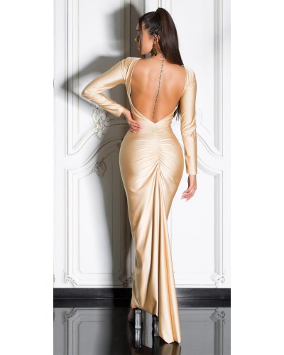 Rochie eleganta lunga, mulata, bej, tip sirena, cu maneca lunga si spatele gol, Gennady - dyandra.ro