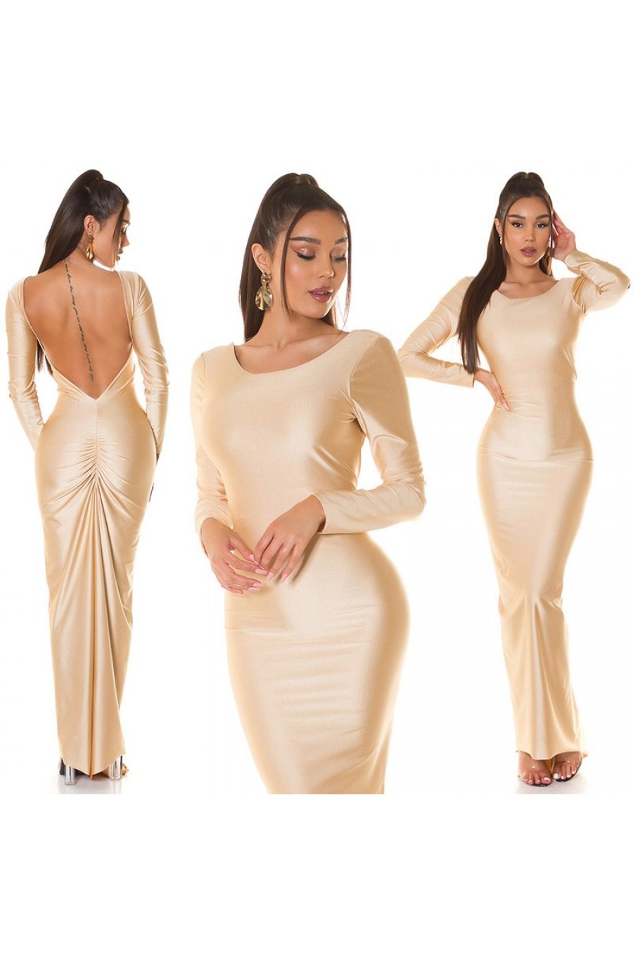 Rochie eleganta lunga, mulata, bej, tip sirena, cu maneca lunga si spatele gol, Gennady 8 - dyandra.ro