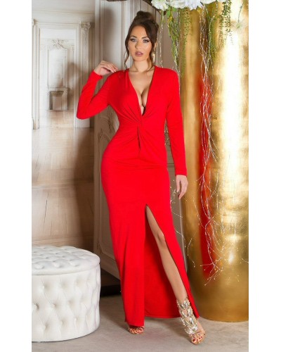 Rochie lunga rosie mulata cu maneca lunga Gabryelle - dyandra.ro