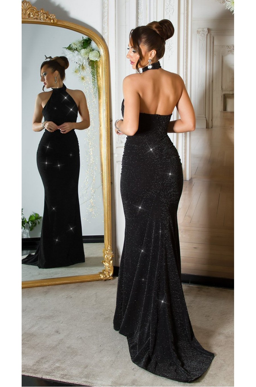 Rochie eleganta lunga, sirena, glitter, neagra, mulata, cu umerii goi si spatele gol, Star 1 - dyandra.ro