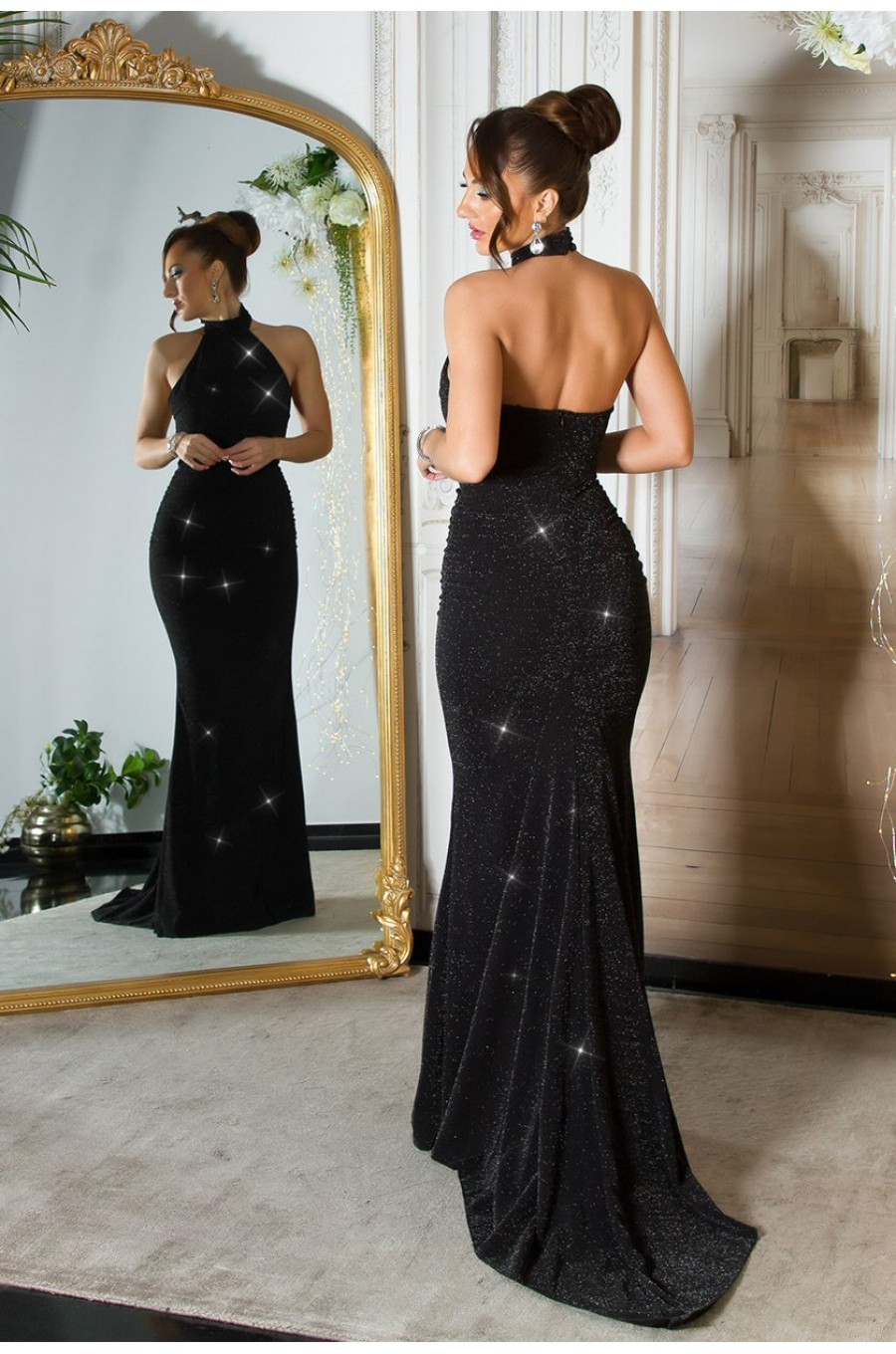 Rochie eleganta lunga, sirena, glitter, neagra, mulata, cu umerii goi si spatele gol, Star 3 - dyandra.ro