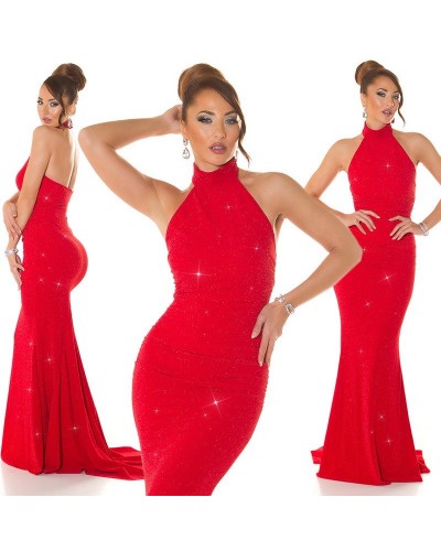 Rochie lunga rosie mulata din glitter cu umerii goi tip sirena Star - dyandra.ro