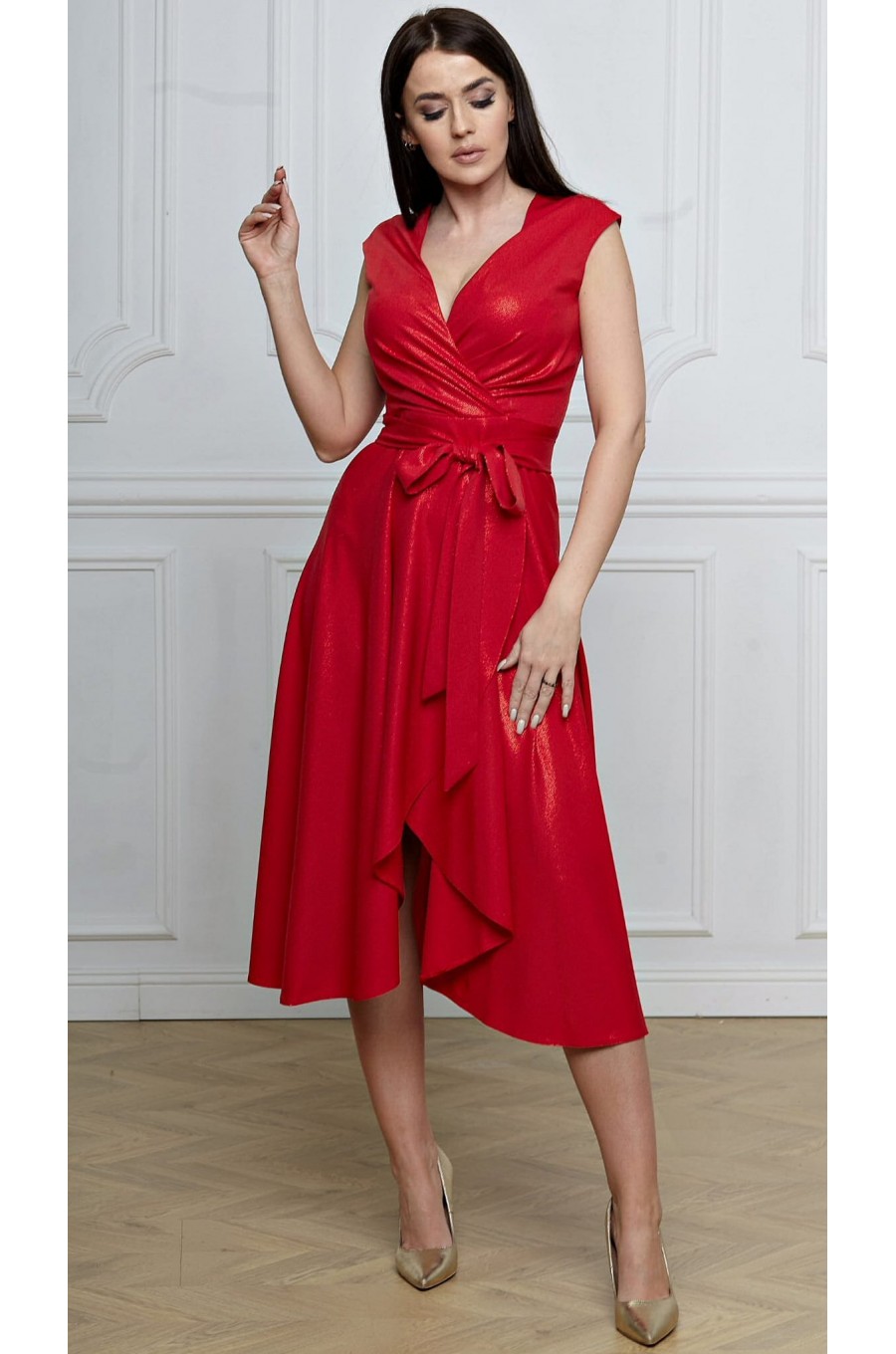 Rochie midi rosie eleganta marime mare din brocard petrecuta Greta Rochie midi rosie eleganta marime mare din brocard petrecuta Greta 1 - dyandra.ro