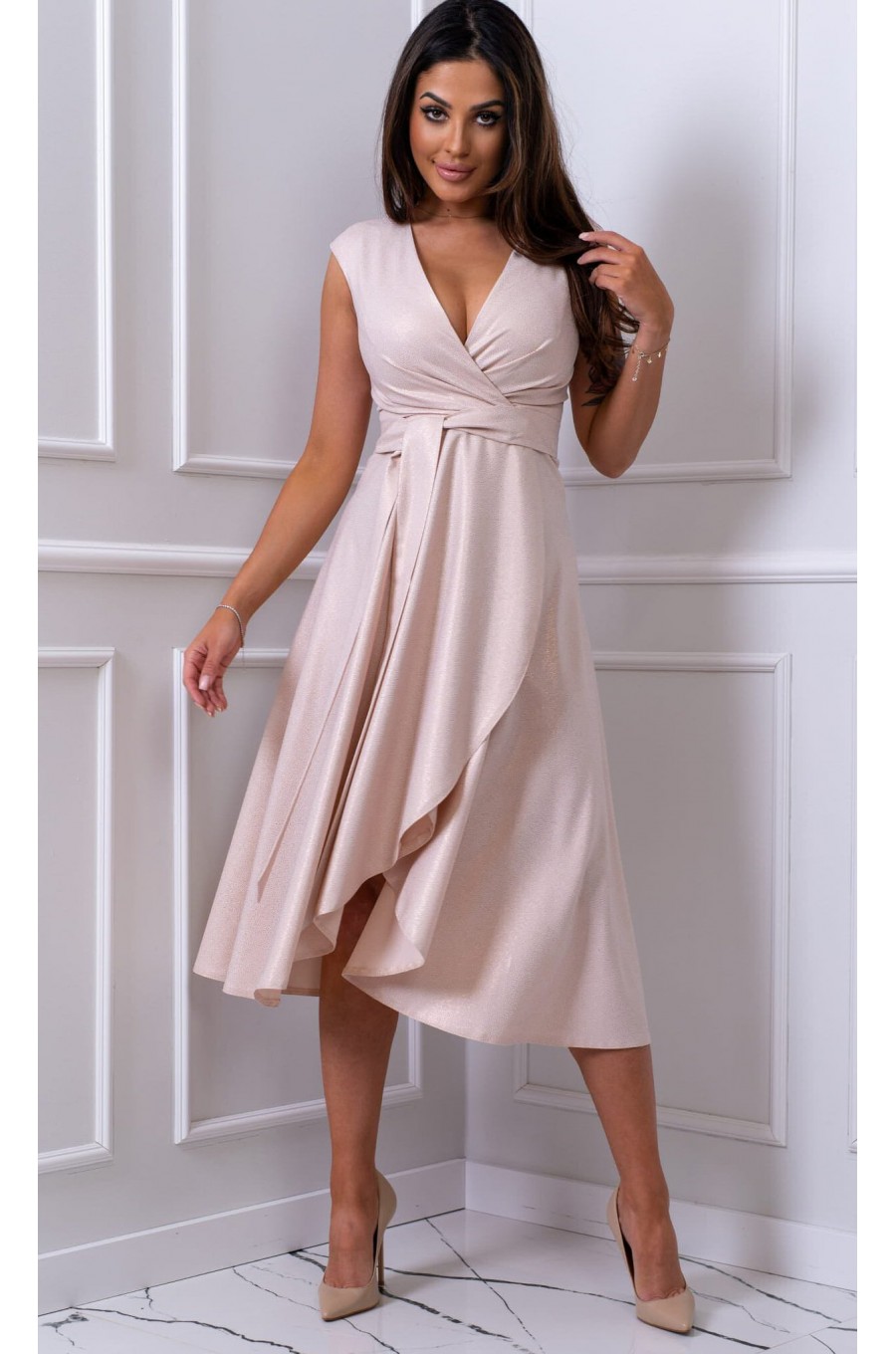 Rochie midi din brocard bej sampanie Greta Rochie midi din brocard bej sampanie Greta 1 - dyandra.ro