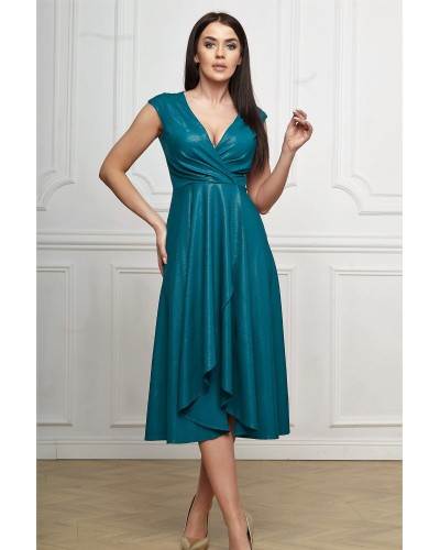Rochie marime mare eleganta, midi, din brocard, turcoaz, petrecuta, asimetrica, Greta - dyandra.ro
