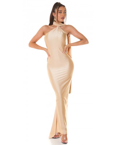 Rochie eleganta, lunga, bej, tip sirena, cu umerii goi, Shaina - dyandra.ro