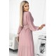 Rochie lunga plisata din chiffon roz pudrat cu maneca lunga vaporoasa Vaneira 4 - dyandra.ro