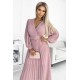 Rochie lunga plisata din chiffon roz pudrat cu maneca lunga vaporoasa Vaneira 5 - dyandra.ro