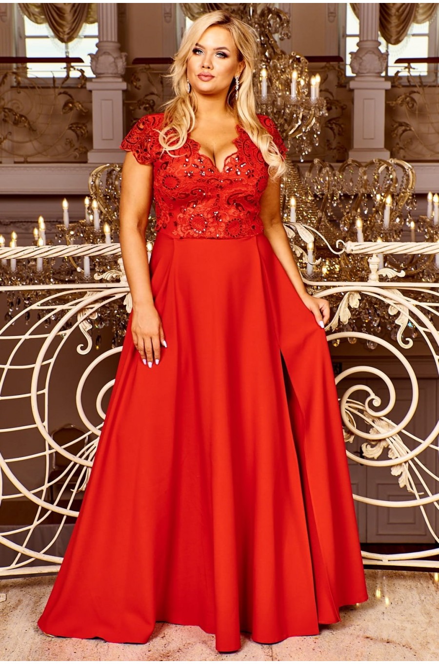 Rochie lunga eleganta rosie cu dantela Arianza Rochie lunga eleganta rosie cu dantela Arianza 1 - dyandra.ro