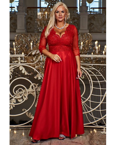 Rochie lunga rosie din dantela si brocard cu maneca trei sferturi Adalyze - dyandra.ro