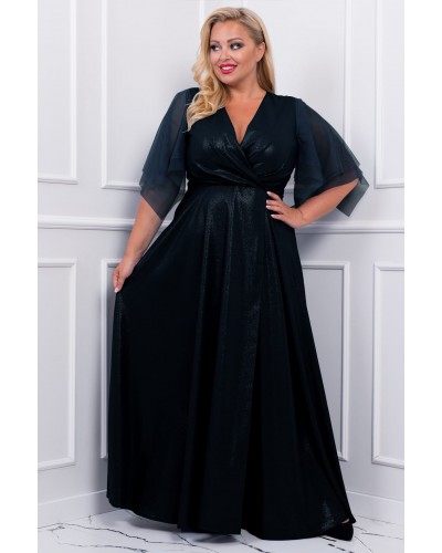Rochie lunga neagra XXL din brocard empire vaporoasa Evita - dyandra.ro