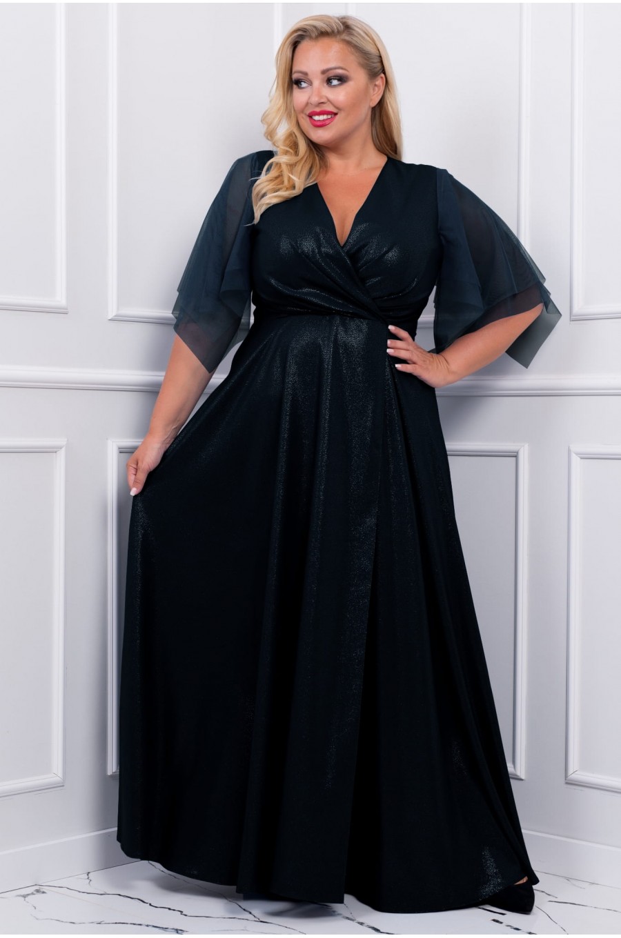 Rochie lunga neagra XXL din brocard empire vaporoasa Evita Rochie lunga neagra XXL din brocard empire vaporoasa Evita 1 - dyandra.ro