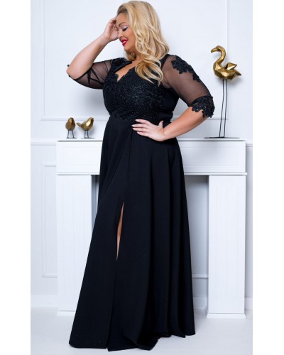Rochie lunga neagra in marimi mari cu dantela si maneca trei sferturi Adalyze2 - dyandra.ro