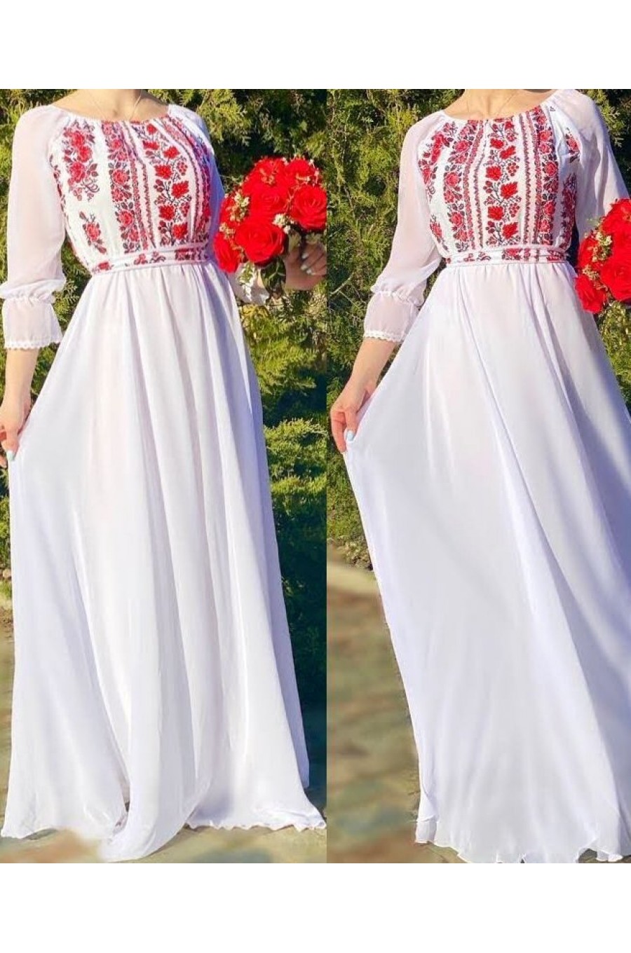 Rochie lunga alba din voal cu motive traditionale Saray Rochie lunga alba din voal cu motive traditionale Saray 1 - dyandra.ro
