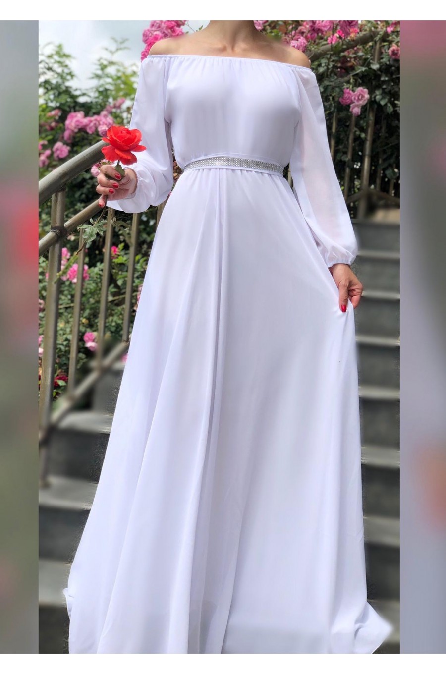 Rochie cununie civila lunga, voal, alba,  cu maneca lunga si umerii goi, Afrodita 1 - dyandra.ro