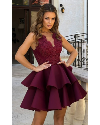 Rochie eleganta scurta, dantela burgundy, baby doll, cu volane suprapuse, Caryne - dyandra.ro