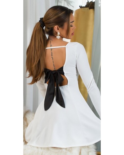 Rochie baby doll scurta alba cu funda neagra cu maneca lunga si spate gol Aimee - dyandra.ro