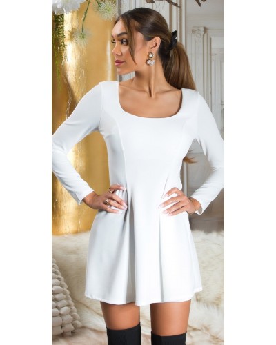 Rochie baby doll scurta alba cu funda neagra cu maneca lunga si spate gol Aimee - dyandra.ro