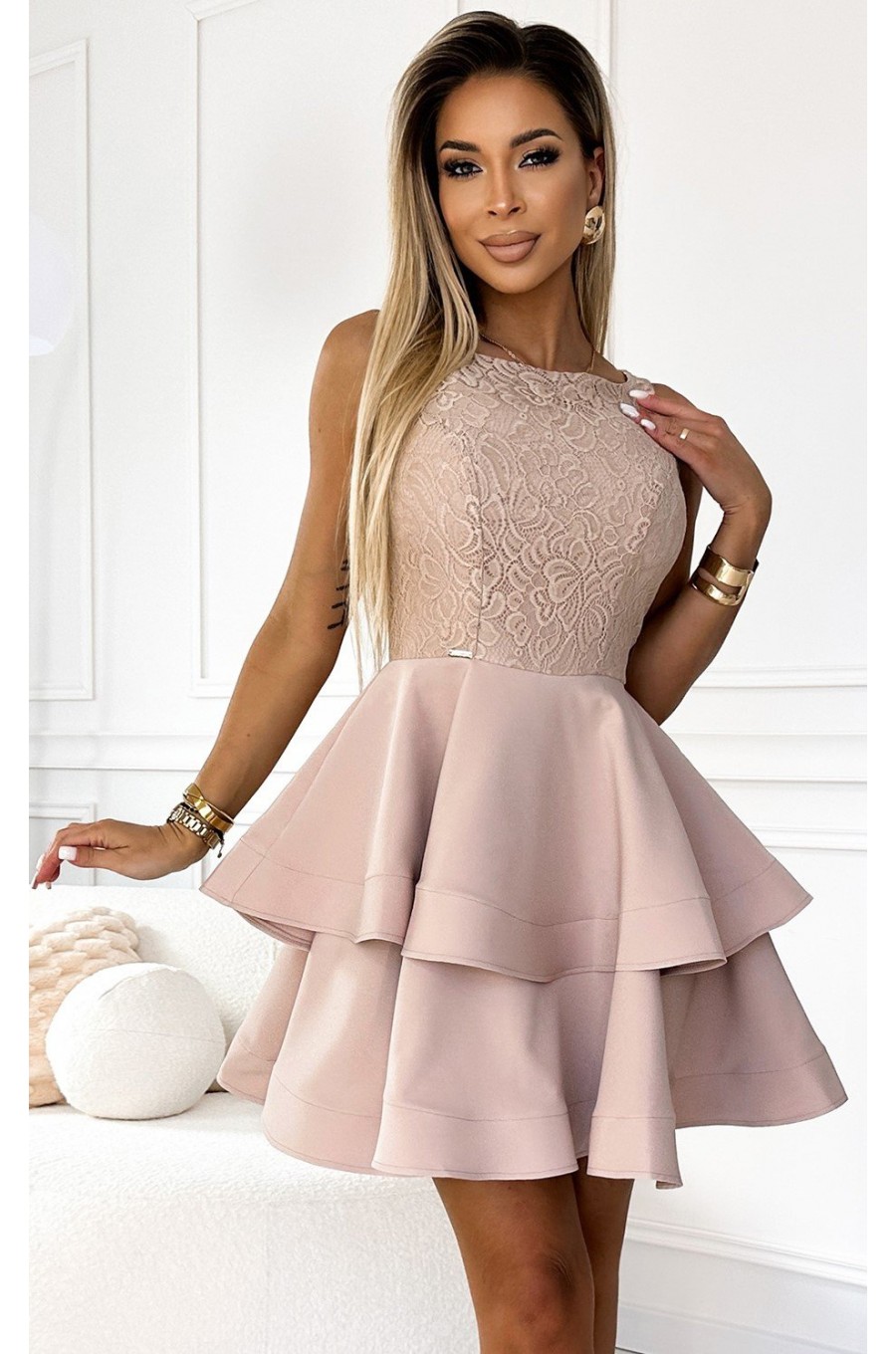 Rochie baby doll cu dantela pe bust bej cu volane suprapuse Zoey 4 - dyandra.ro