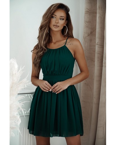 Rochie baby doll scurta, din chiffon, verde smarald, cu umerii goi, vaporoasa, CristalW2 - dyandra.ro