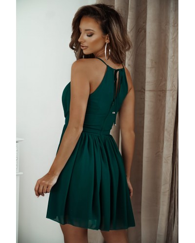 Rochie baby doll scurta, din chiffon, verde smarald, cu umerii goi, vaporoasa, CristalW2 - dyandra.ro