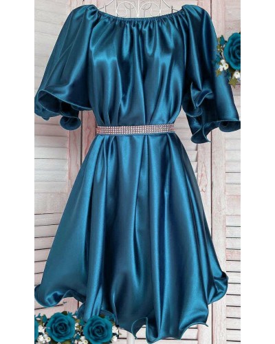 Rochie baby doll scurta, din satin, turcoaz, cu maneca scurta, Jimena - dyandra.ro