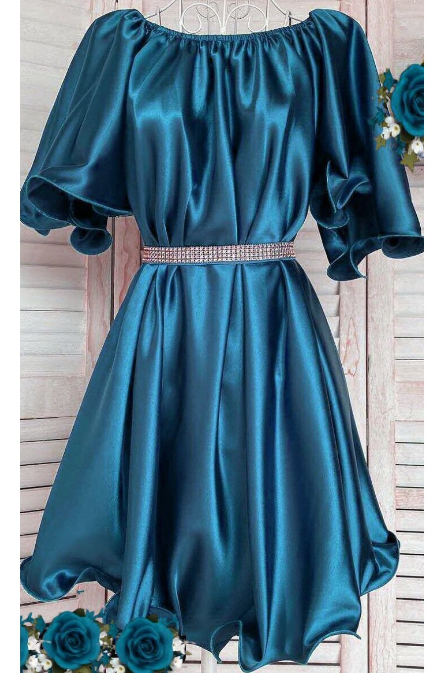 Rochie baby doll scurta, din satin, turcoaz, cu maneca scurta, Jimena 1 - dyandra.ro