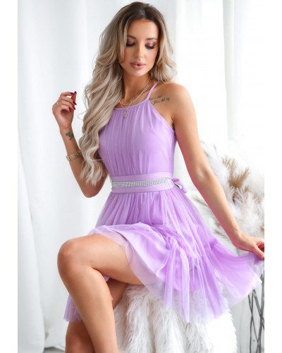 Rochie baby doll, scurta, din tulle, lila, cu volane, vaporoasa, CristalW - dyandra.ro