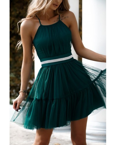 Rochie baby doll scurta din tulle verde smarald cu volane vaporoasa CristalW - dyandra.ro