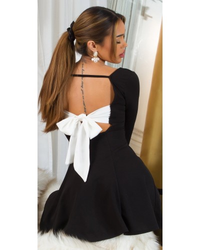 Rochie baby doll scurta, neagra cu funda alba, cu maneca lunga si spate gol, Aimee - dyandra.ro