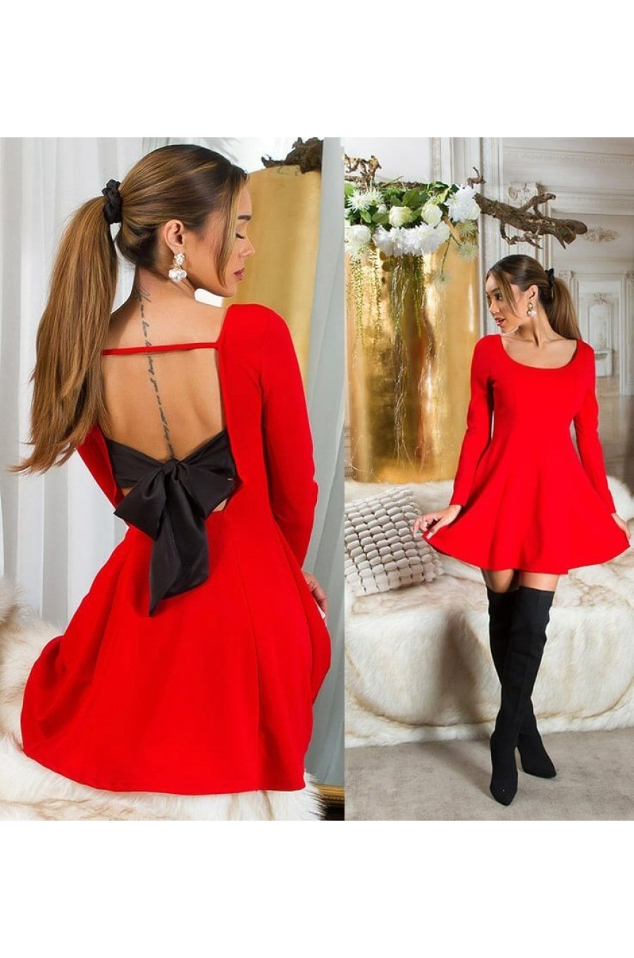  Rochie baby doll scurta rosie cu maneca lunga si spate gol Aimee  6 - dyandra.ro