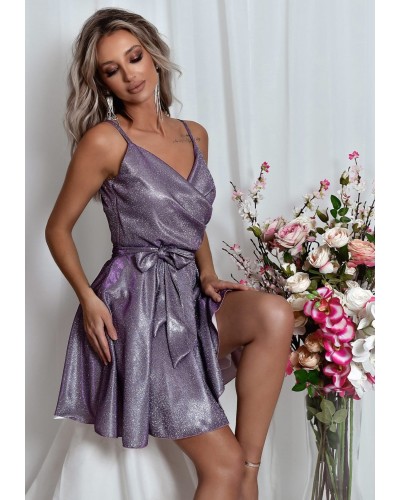 Rochie eleganta baby doll scurta, bumbac cu glitter lila, LorenW - dyandra.ro