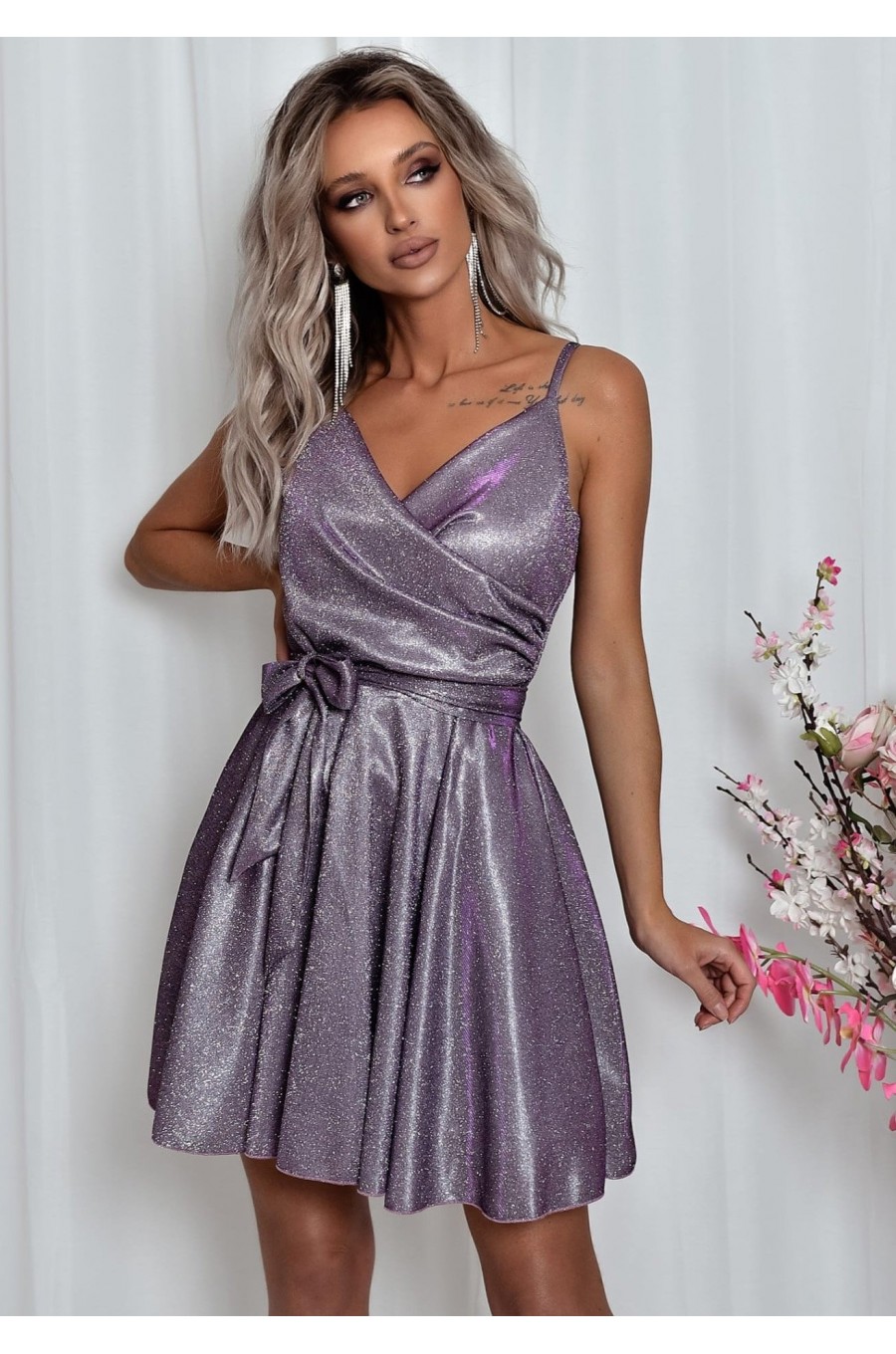 Rochie eleganta baby doll scurta, bumbac cu glitter lila, LorenW Rochie eleganta baby doll scurta, bumbac cu glitter lila, LorenW 2 - dyandra.ro