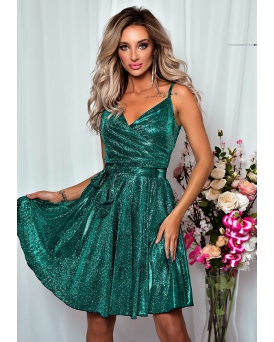 Rochie eleganta baby doll scurta, bumbac verde cu glitter, LorenW - dyandra.ro