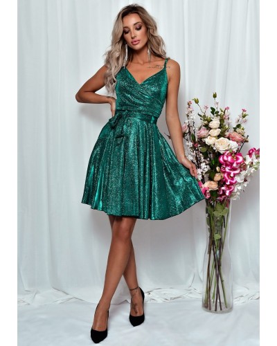 Rochie eleganta baby doll scurta, bumbac verde cu glitter, LorenW - dyandra.ro