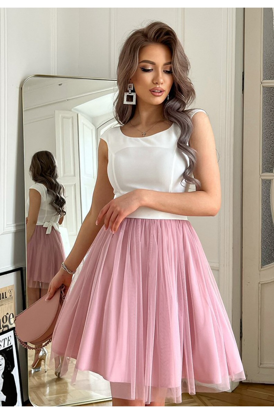 Rochie scurta eleganta baby doll din tul roz prafuit Caterine 1 - dyandra.ro