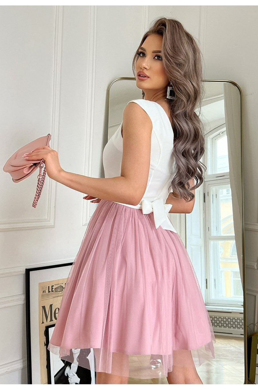 Rochie scurta eleganta baby doll din tul roz prafuit Caterine 2 - dyandra.ro