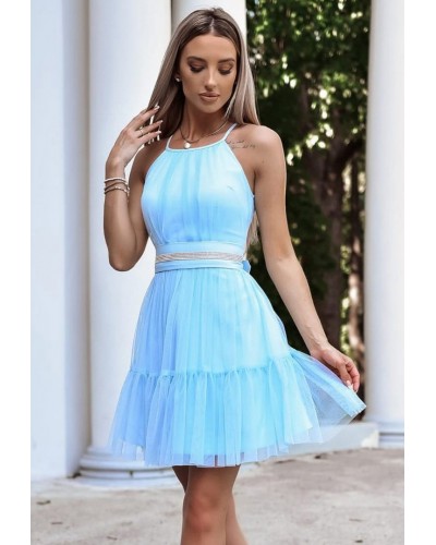 Rochie babydoll scurta din tul baby blue cu volane vaporoasa CristalW - dyandra.ro