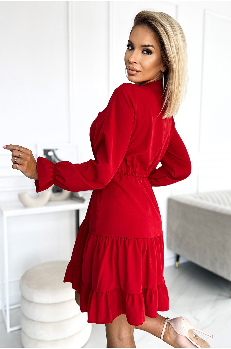 Rochie scurta rosie tip camasa cu maneca lunga si volane Medeia 2 - dyandra.ro