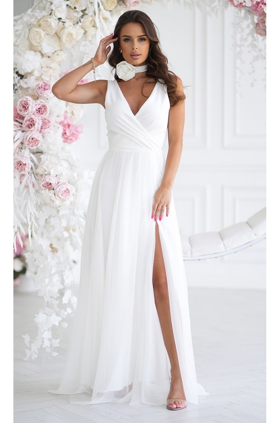 Rochie cununie civila alba, lunga, din tulle, cu floare decorativa, vaporoasa, Dyandra Rochie cununie civila alba, lunga, din tulle, cu floare decorativa, vaporoasa, Dyandra 2 - dyandra.ro