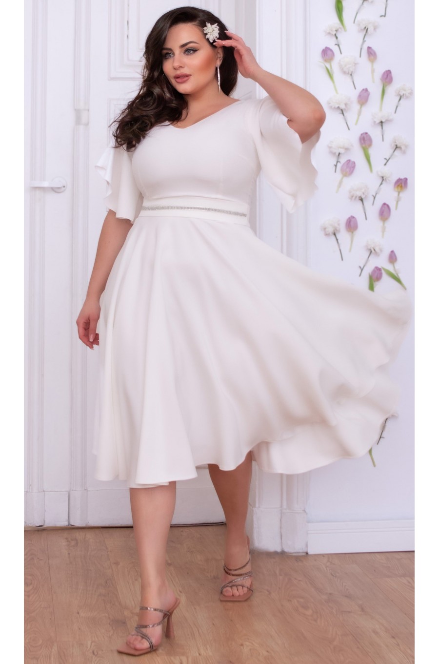Rochie cununie civila marime mare midi, din bumbac, alba, cu maneca evazata, LunaXXL 1 - dyandra.ro