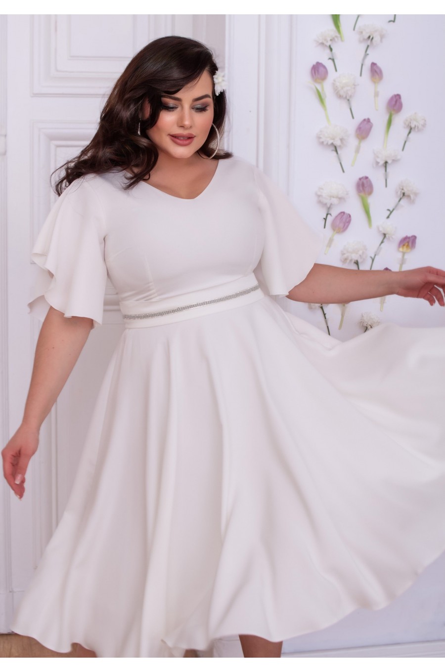 Rochie cununie civila marime mare midi, din bumbac, alba, cu maneca evazata, LunaXXL 4 - dyandra.ro